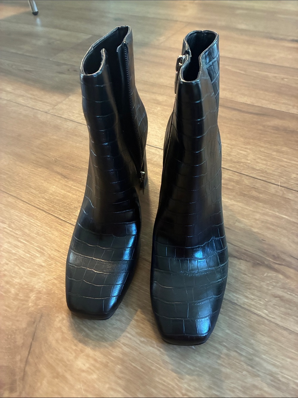 Marc Fisher Black Croc-Embossed Square Toe Ankle Booties